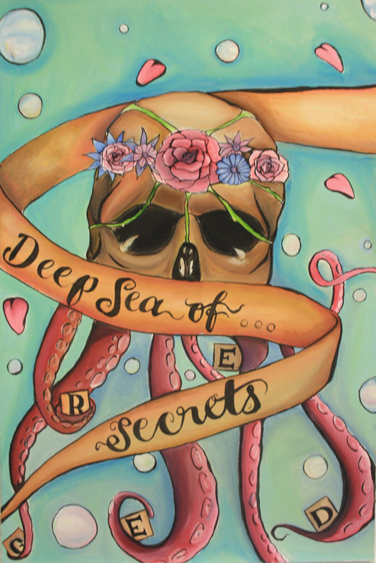 Painting of a skull with octopus tentacles, with text - deep sea of secrets