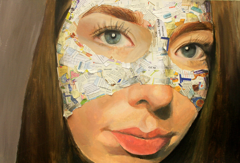 Painted portrait of a girl with a mask made with scrap text book notes