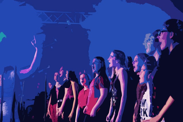 Stylised image of students singing on stage