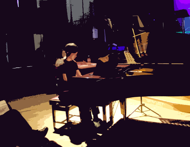 Stylised image of student playing piano on stage